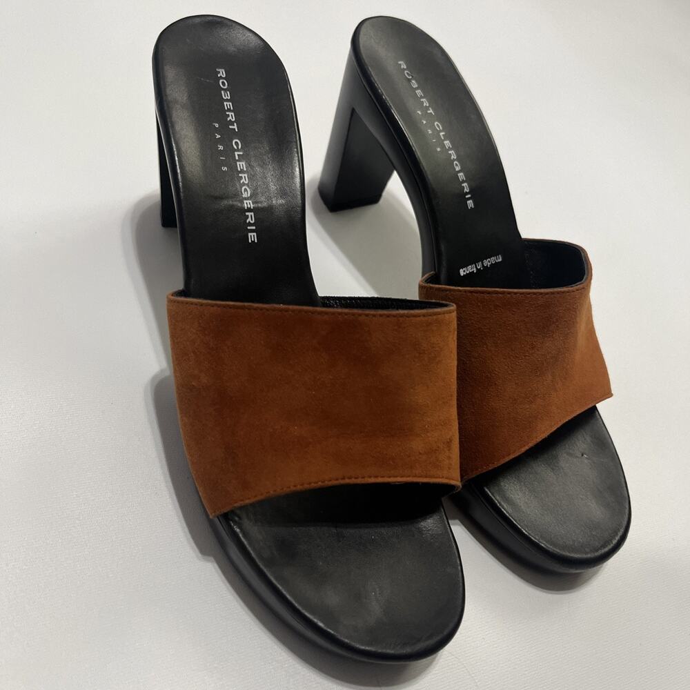 Sz 9.5 B Robert Clergerie Suede Brown Heeded Slip On Sandals